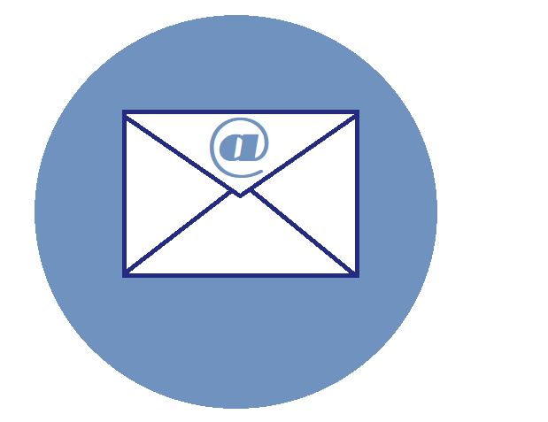Pictrogramm Online Kontakt: Ein weißer Briefumschlag bedruckt mit einem @-Zeichen auf blauem Hintergrund